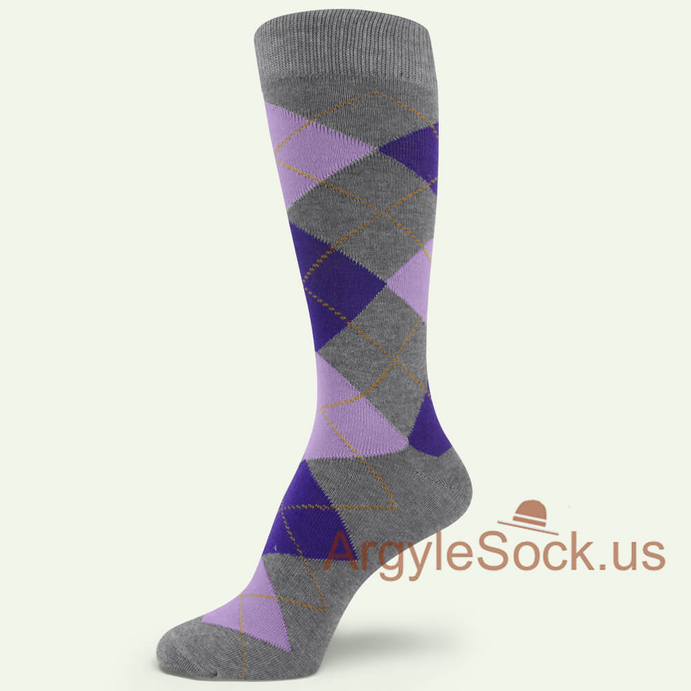 Gray with Violet and Light Grayish Pink Argyle Sock for Man
