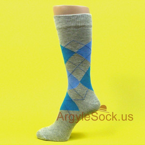 Gray with Bright Blue & Azure Blue Argyle Socks for Men