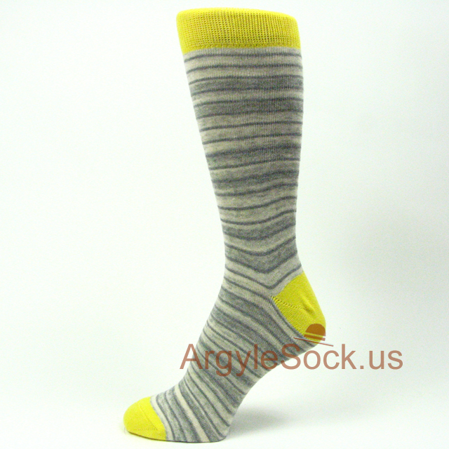 Gray Gray Striped Mens Dress Socks with Yellow Toe, Heel & Welt