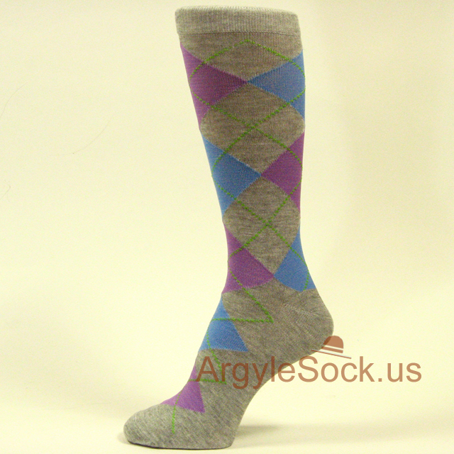 Gray/Grey, Lavender, Light Blue Argyle Mens Dress Socks