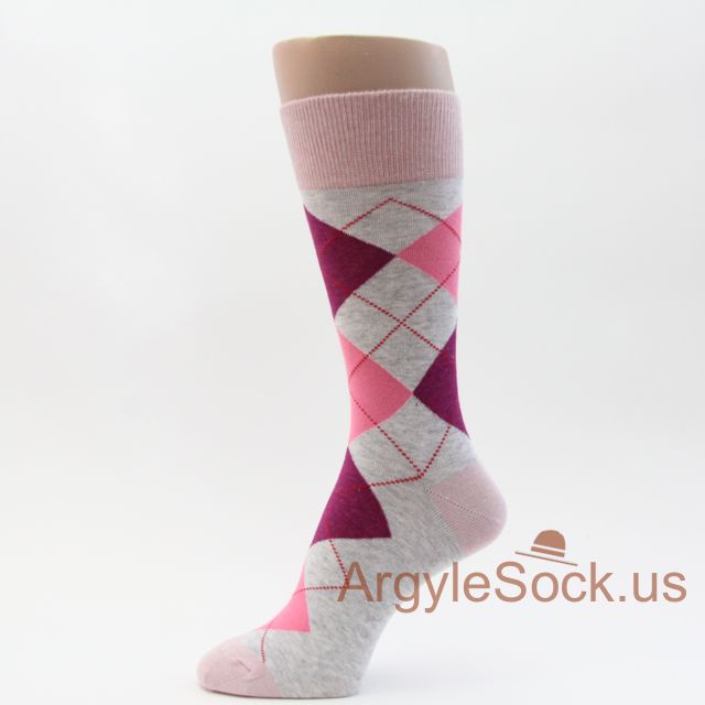 Heather Light Gray, Pink, Violet Argyle Pattern Man's Socks