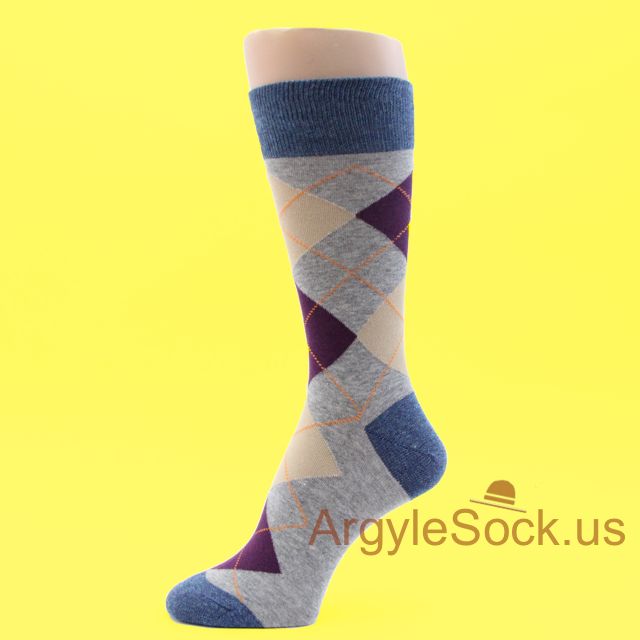 Gray Purple Beige Men's Argyle Dress Socks w/ Blue Toe & Heel