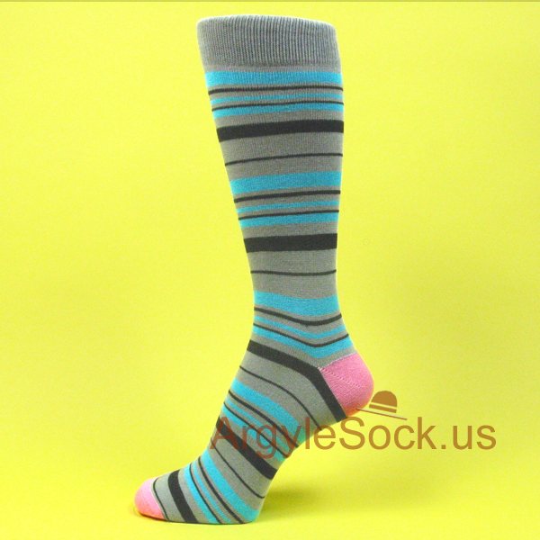 Gray Turquoise Blue Black Striped Cute Mens Socks with Pink Heel