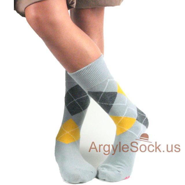 Light Gray Yellow Junior Groomsmen/Ring Bearer Argyle Dress Sock
