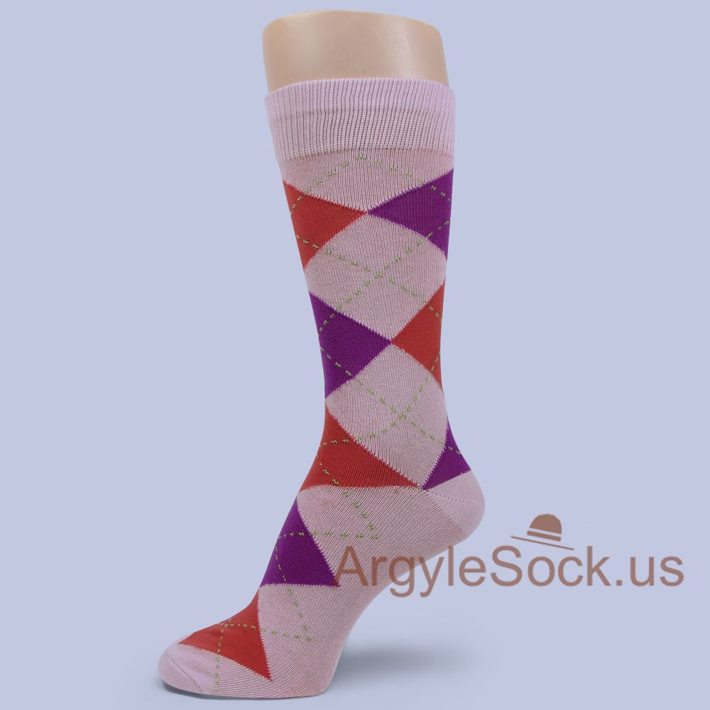 Grayish Pink Violet Chinese Red Argyle Socks for Man