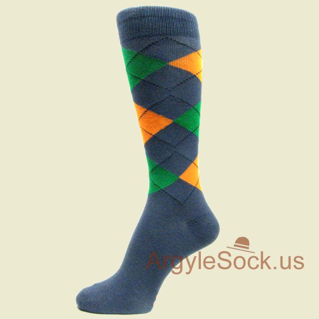 Orange Green Argyles Dark Grayish/Slate Blue Dress Sock for Men