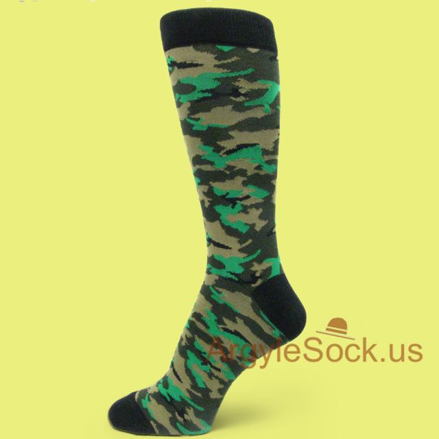 Bright Green Camouflage Slightly Thicker Fabric Mans Dress Socks
