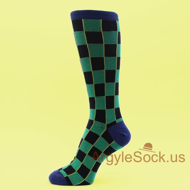 Green Black Checkered Men's Socks with Yellow Vertical Stripes
