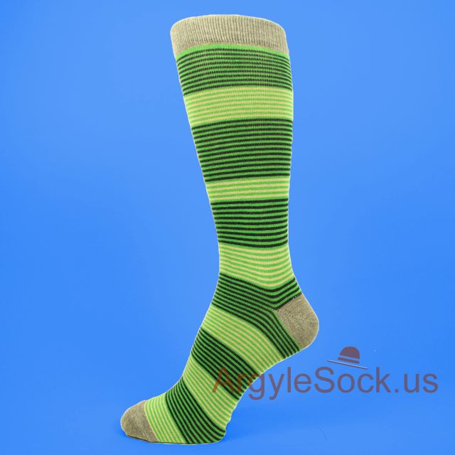 Green Black Thin Zigzag Striped Beige Mans Socks with Gray Welt