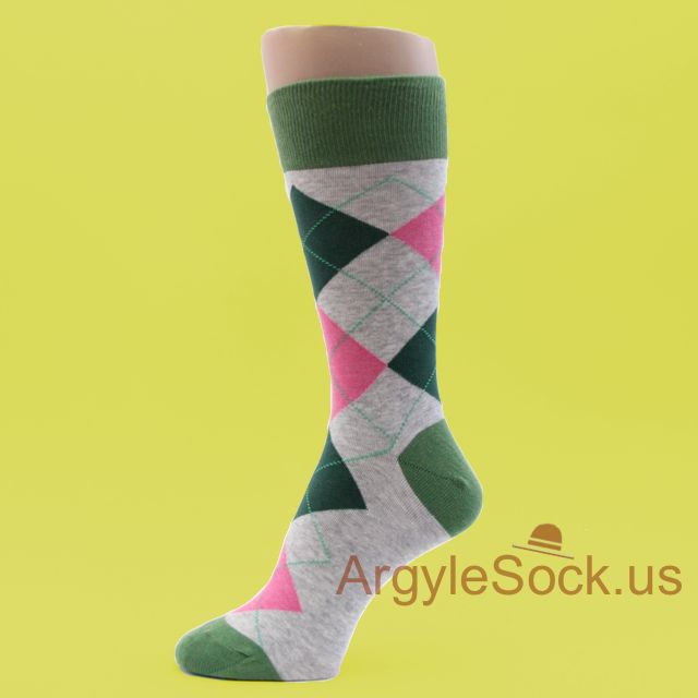 Green&Pink Argyle Heather Light Grey Mans Sock w Olive Green Toe