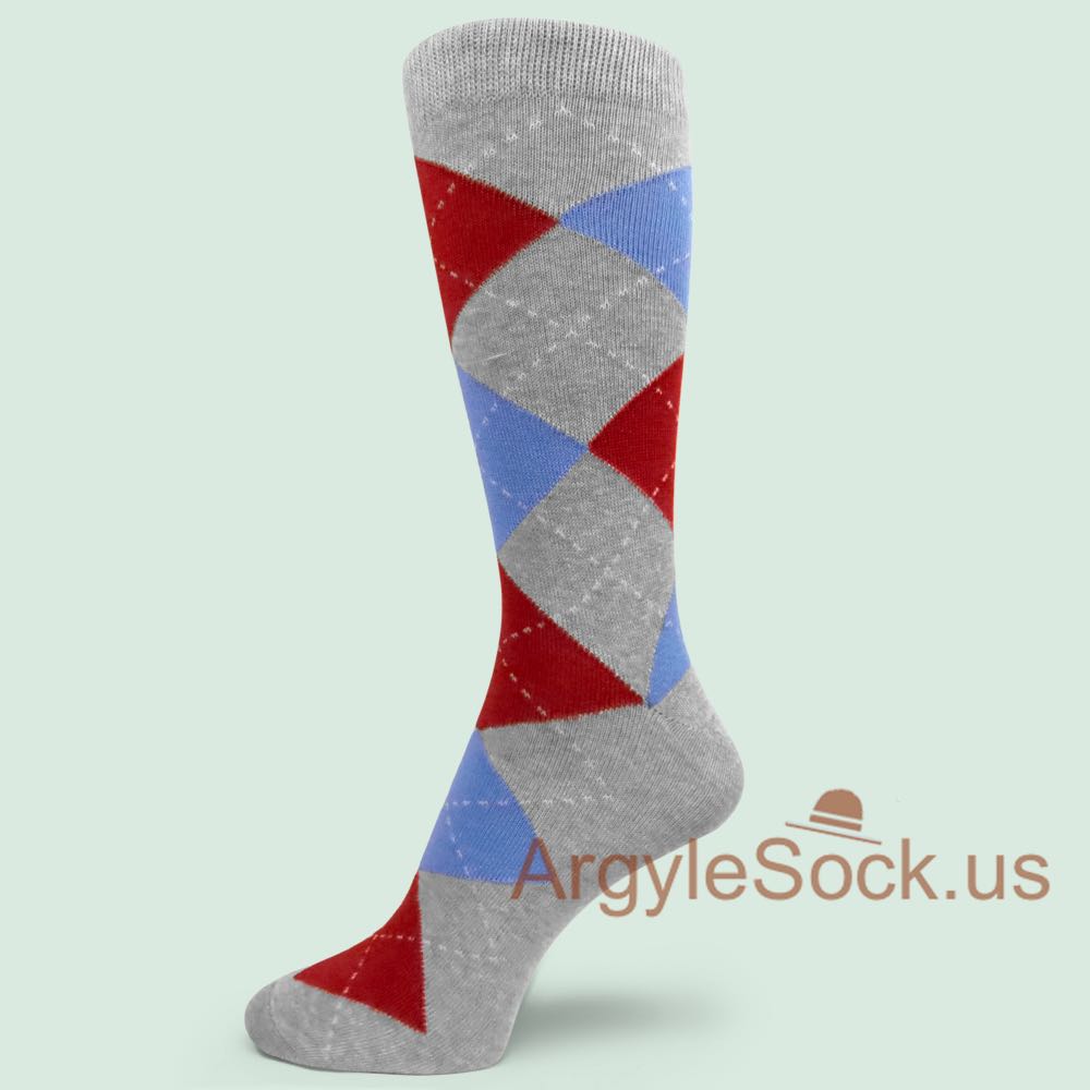 Dark Red Pompadour Blue Heather Grey Argyle Socks for Man