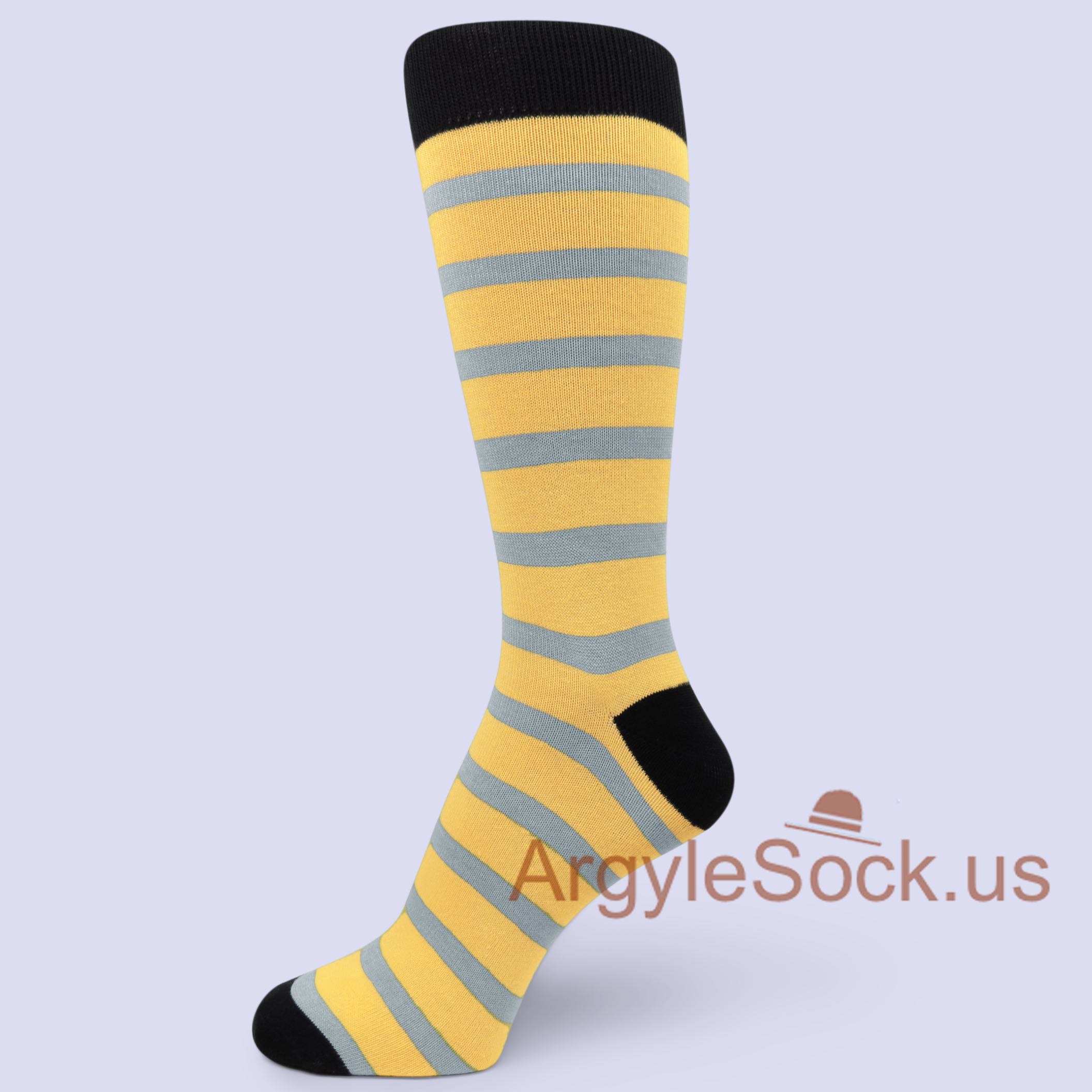 Grey Stripes on Yellow Mans Socks with Black Toe and Heel