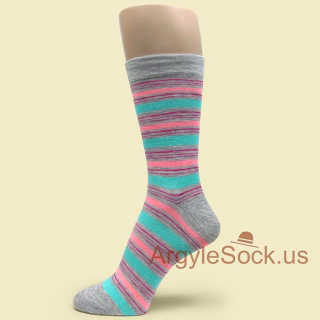 Grey with Peach, Mint Turquoise, and Hot Pink Stripes Socks