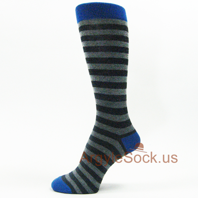 Gray and Black Man's Stripes Socks with Blue Toe, Heel, and Welt