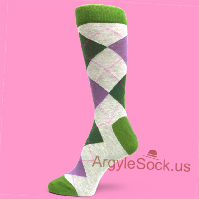 Grey Dress Socks for Men w/ Dark Green & Lavender Argyles