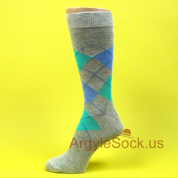 Grey with Azure Blue & Turquoise Blue Argyles Socks Mans Socks