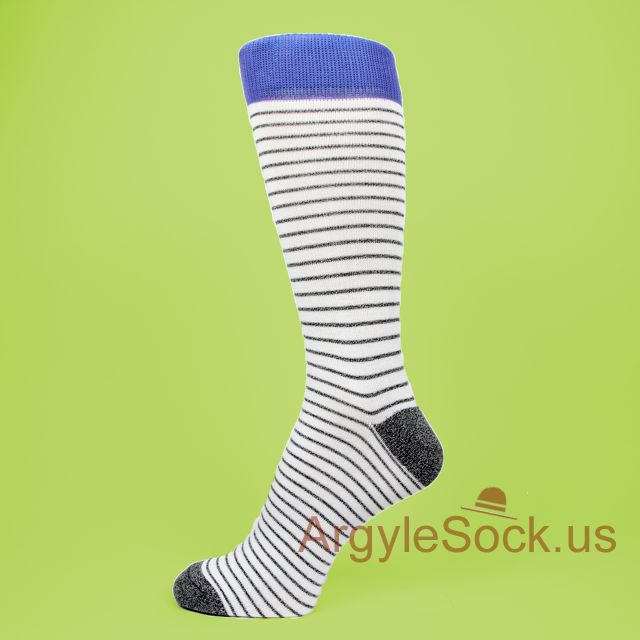 Heather Dark Gray/Black Stripes Men's White Socks with Blue Welt