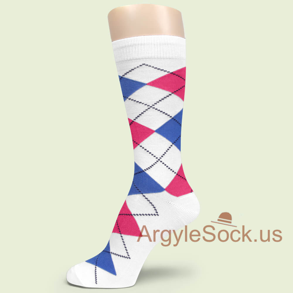 Hot Pink and Bright Blue on White Men's Argyle Dress Sock