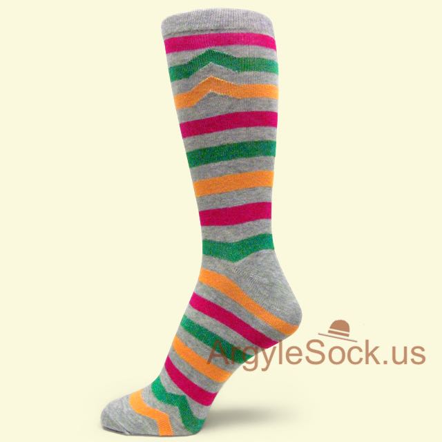 Hot Pink Green Tan(Light Orange) Pulse Stripe Design Socks