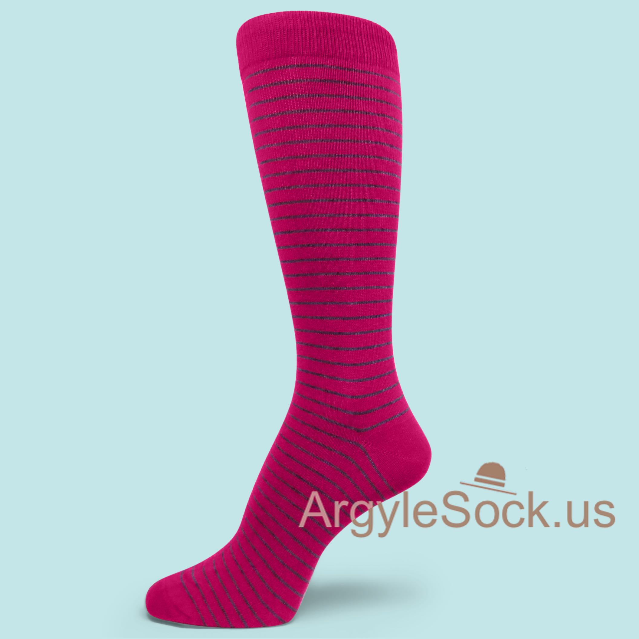 Hot Pink with Thin Dark/Charcoal Grey Striped Mens Dress Socks