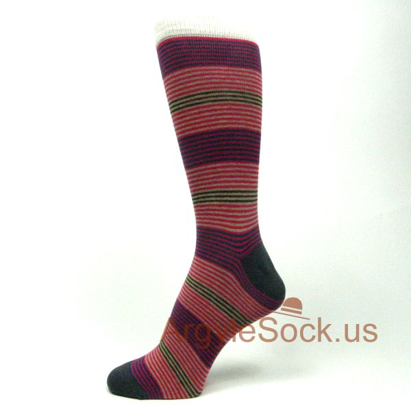 Hot Pink, Beige, Green Thin Zigzag Stripes Men's Dress Socks
