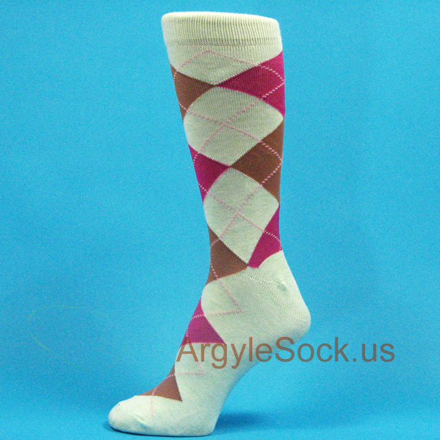 Hot Pink and Brown on Very Light Emerald Green Mans Argyle Sock