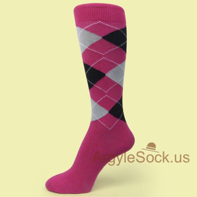 Hot Pink Light Grey Black Argyle Dress Socks for Men & Groomsmen