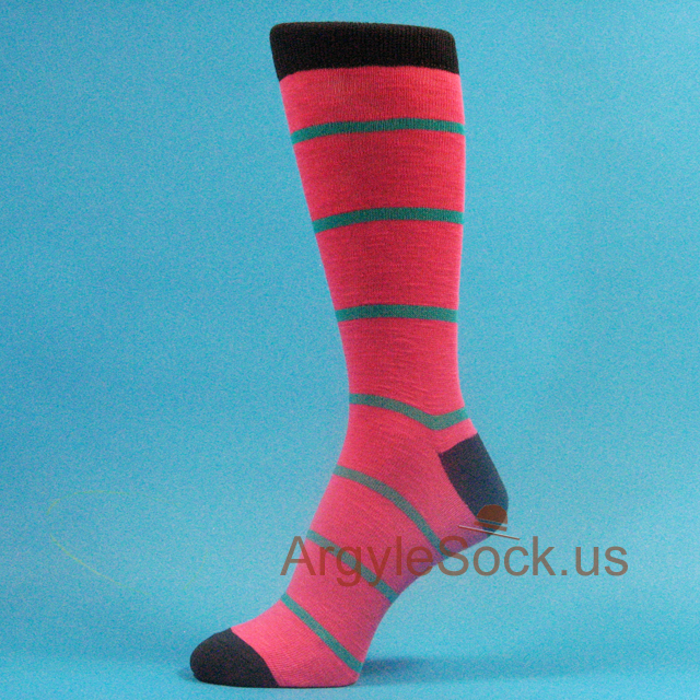 Pink x Thin Turquoise Stripe Man's Socks w/ Black Toe Heel Welt