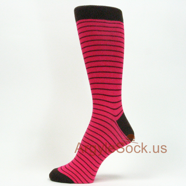 Hot Pink with Thin Maroon Stripes Men's Dress Socks
