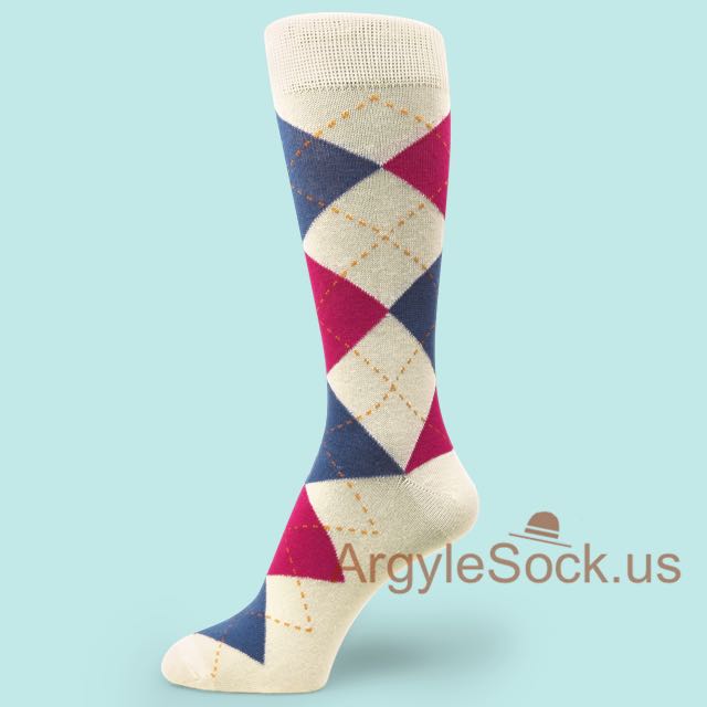 Hot Pink & Purplish Blue Argyle Off-White/Cream Mans Socks