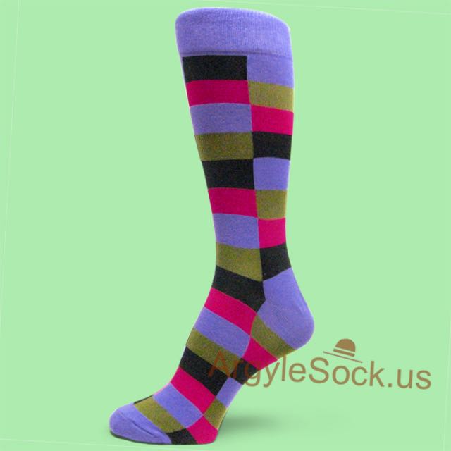 Hot Pink Black Olive Green Rectangles Violet Dress Socks for Men