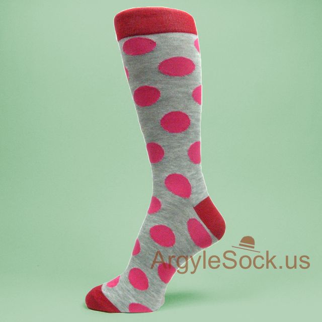 Large Hot Pink Polka Dots Heather Gray Socks with Red Toe & Heel