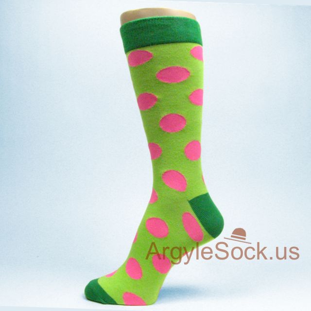 Large Neon Pink Polka Dots Light Lime Green Mens Groomsmen Socks