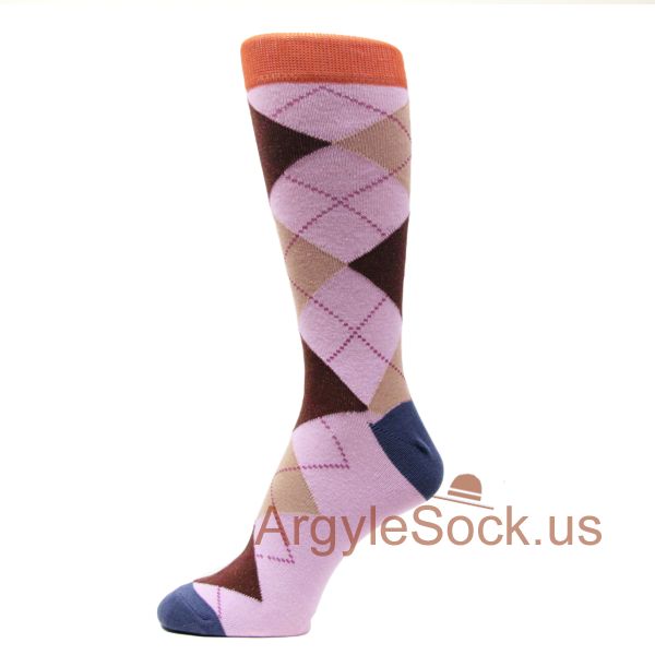 Lavender, Orange, Brown, Beige Argyle Men's Socks