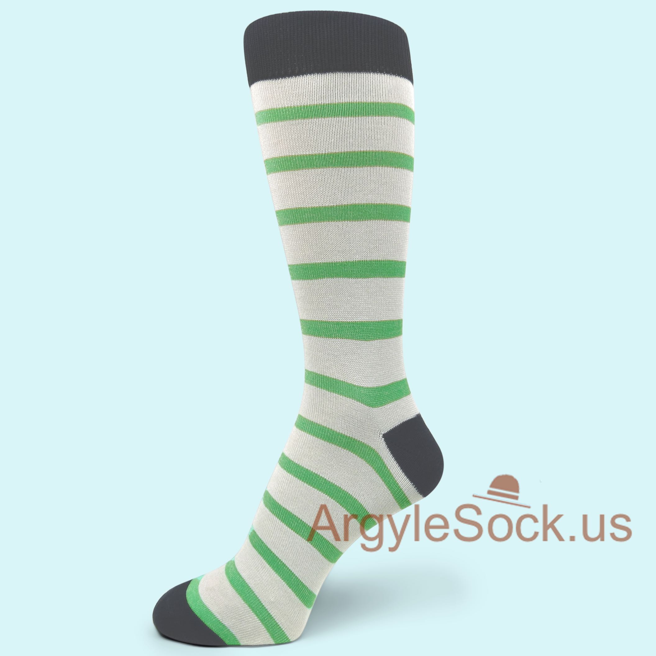 Light Green Stripes on Light Grey Mans Socks with Black Toe