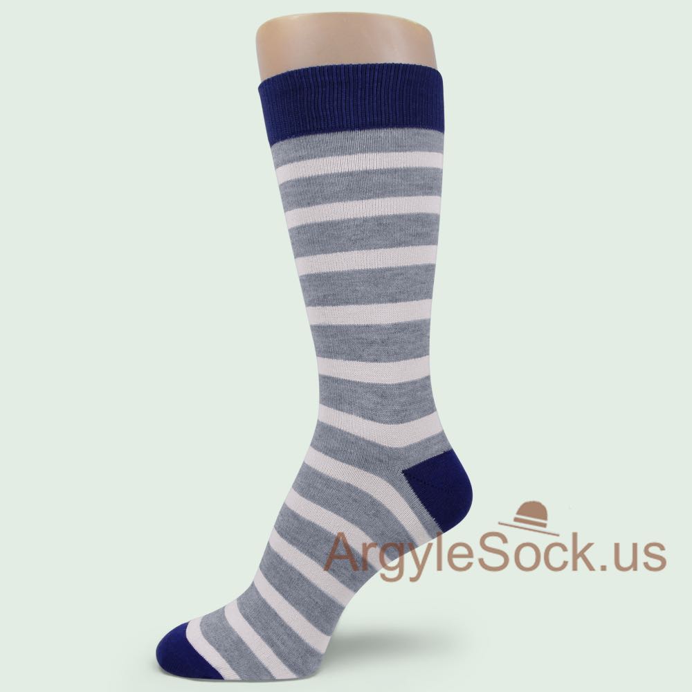 Light Peach Stripes on Gray Man's Socks with Blue Toe and Heel