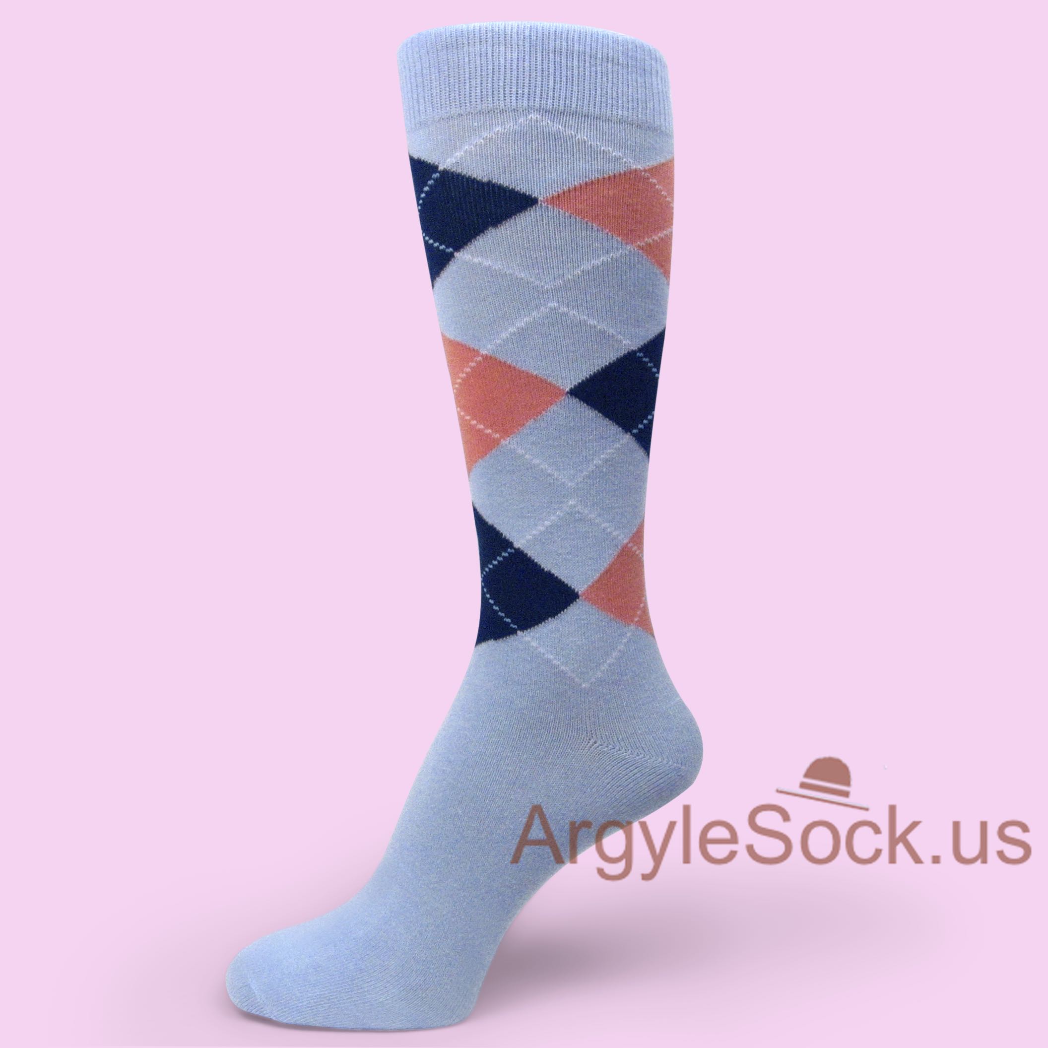 Light Blue Peach Navy(Midnight) Blue Argyle Dress Socks for Men