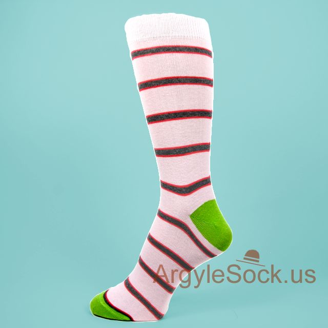 Light Pink Man's Socks with Gray and Red Stripes Lime Green Toe
