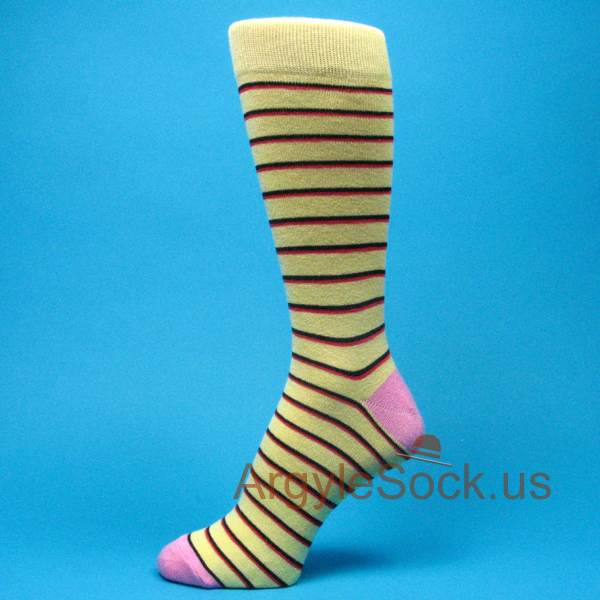 Light Yellow Thick Red Black Striped Mens Socks with Pink Toe