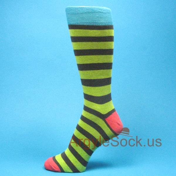 Lime Green with Navy-Bluish Charcoal Gray Stripes Mans Sock