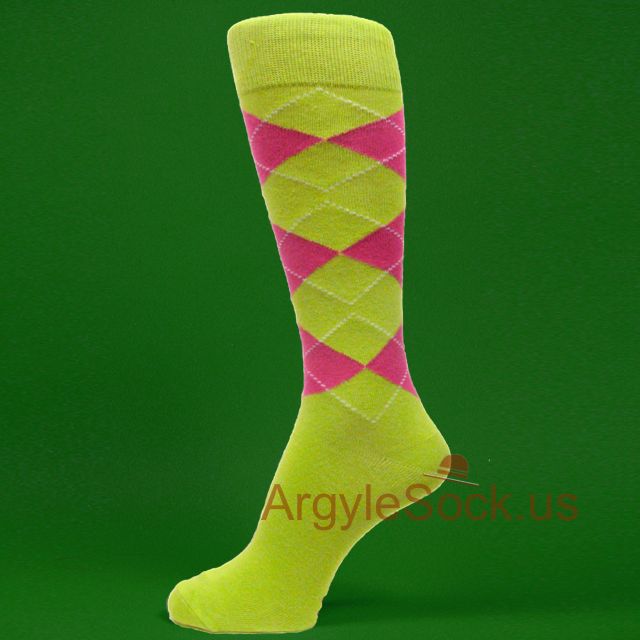 Lime Green & Hot Pink Groomsmen Men's Dress Argyle Socks