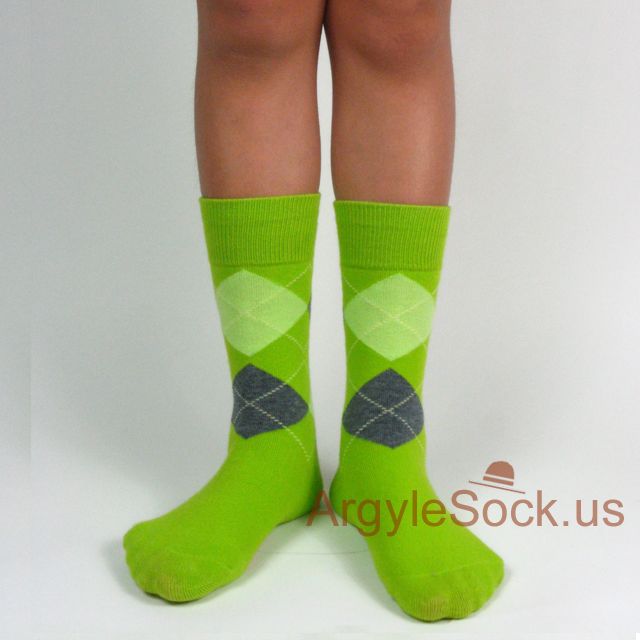 Lime Green Charcoal Gray Junior Groomsmen Argyle Socks