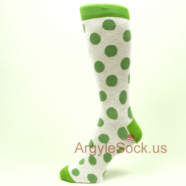 Lime Green Polka Dots on Cream Dress Socks for Men