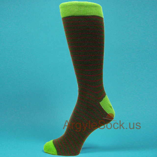 Lime Green Toed Dark Army Green Dress Sock with Dark Red Stripes