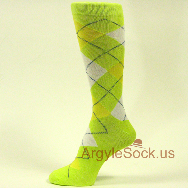 Bright Lime Green, Light Yellow, White Argyle Men's Dress Socks