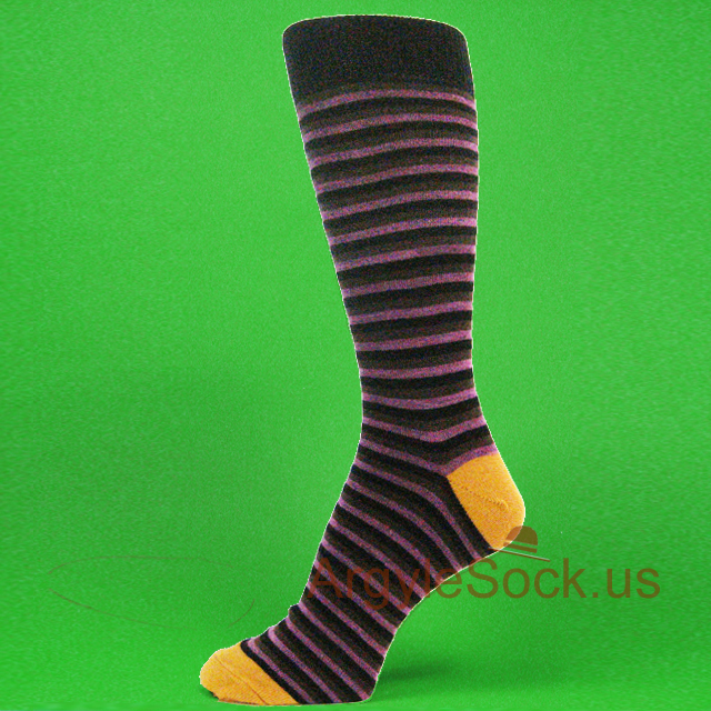 Magenta Purple Brown Black Stripe Men's Sock with Tan Heel & Toe