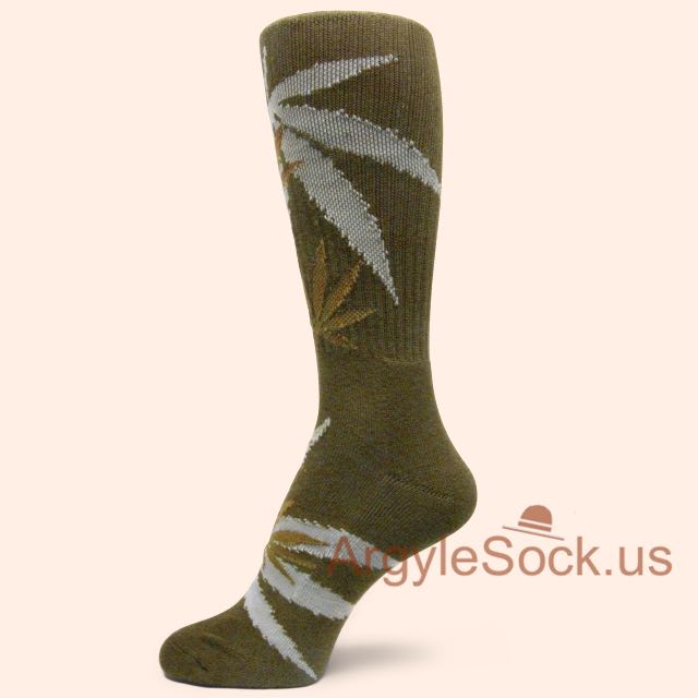 Olive Green Marijuana Weed Leaf Symbols Socks for Man