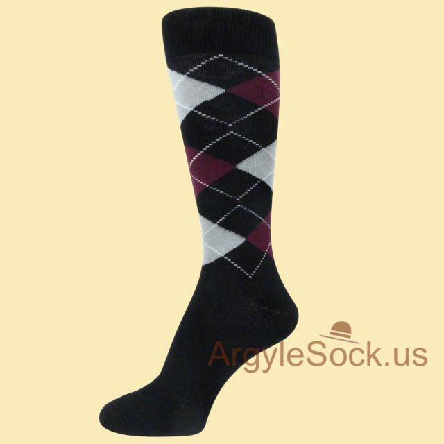 Burgundy (Maroon) & Grey Argyle Black Socks for Men & Groomsmen