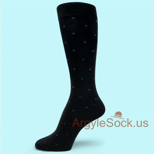 Men's Black Dress Socks with Mini Blue Square Dots