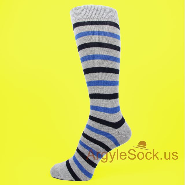 Men's Gray Socks with Blue & Midnight/Navy Blue Stripes